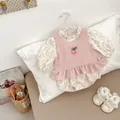 Detail of floral baby bodysuit with cherry vest and lace shoes on soft background - 90cm / Pink
