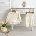 Ensemble automne fille avec haut à capuche en dentelle et pantalon gaufré assorti - Abricot / 73