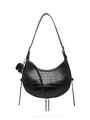 Fashionable black crocodile texture crescent shoulder bag with adjustable strap and pouch - Black