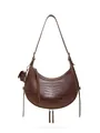 Dark brown crocodile embossed crescent shoulder bag with small detachable pouch - Coffee