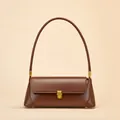 Vintage baguette shoulder bag in deep brown leather with premium gold metal buckle - Coffee