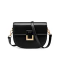 Classic black leather saddle bag for women with elegant golden square metal buckle - Black