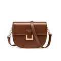 Dark brown leather saddle bag with gold metallic clasp and matching shoulder strap - Coffee