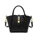 Bolso cubo de cuero granulado negro con herrajes dorados y asas superiores finas - Negro