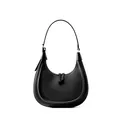 Bolso hobo de media luna en cuero negro minimalista con anillo plateado ajustable - Negro