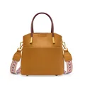 Borsa a secchiello in pelle marrone litchi con tracolla in tessuto geometrico - Marrone