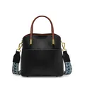 Borsa a secchiello in pelle nera con manico marrone e tracolla in tessuto colorato - Nero