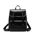 Sac à dos vintage en cuir noir avec grande capacité et poche avant à boucle - Noir