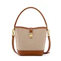 Borsa a secchiello chic in tela beige e pelle marrone con fibbia dorata e tracolla - Beige e Marrone