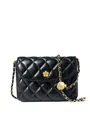 Quilted black leather crossbody bag with golden flower clasp and chain strap - Black