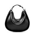 Minimalist black leather crescent hobo bag with smooth finish and silver zipper details - Black