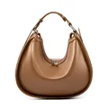 Minimalist caramel brown crescent hobo bag with sleek silver zipper and single handle - Brown