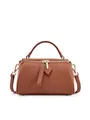 Brown litchi grain genuine leather Boston bag with gold hardware and shoulder strap - Gold Brown