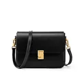 Classic black leather crossbody bag with minimalist gold geometric clasp and leather strap - Black