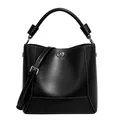 Black leather bucket bag with silver turn-lock and adjustable shoulder strap - Black