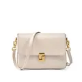 Minimalist beige leather crossbody bag with distinctive matte gold geometric buckle detail - Off White