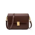 Minimalist dark brown leather shoulder bag with elegant gold geometric metal buckle - Coffee