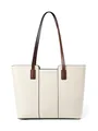 Grote beige lederen shopper met bruine handvatten en kiezeltextuur voor dames - Melkwit