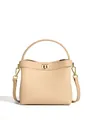 Minimalist beige pebble leather bucket bag with gold clasp and detachable shoulder strap - Apricot