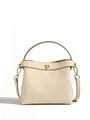 Beige Echtleder-Beuteltasche mit goldener Hardware und eleganter Litschi-Maserung - Gebrochenes Weiß