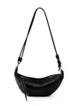Black crescent-shaped leather crossbody bag with decorative knots and silver zipper - Black