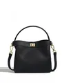 Classic black litchi grain leather bucket bag with gold lock and detachable strap - Black