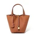 Sac seau classique en cuir marron caramel avec poignée et fermeture cadenas doré - Marron