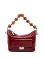 Sac à main vintage bordeaux en cuir ciré avec poignée en perles et texture plissée - Bordeaux