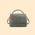 Dark sage green veg-tanned leather handbag with top handle and crossbody strap detail - Premium Grey