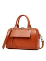 Klassische Boston-Tasche aus karamellbraunem Leder mit Doppelgriffen und Goldnieten-Quasten - Sonnenuntergangsgelb