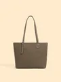Borsa tote minimalista in pelle caffè chiaro con trama litchi fine e tracolla sottile - grigio scuro