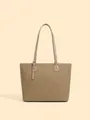 Borsa tote minimalista in pelle kaki con fibbia argentata e design molto capiente - Grigio elefante