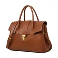 Borsa tote vintage in pelle marrone da donna con serratura dorata e doppi manici - Cuoio
