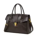 Grande borsa tote retrò in pelle caffè scuro con doppi manici e dettagli dorati - caffè