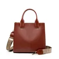 Brown leather tote bag with vertical stitching and a colorful ethnic shoulder strap - Brown