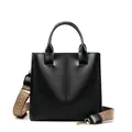 Black leather tote bag with geometric strap and vintage bronze hardware - Black