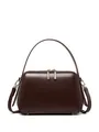 Dark brown leather trapezoid handbag with dual silver zippers and crossbody strap - Coffee