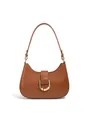 Chic caramel brown leather hobo bag with a polished golden D-buckle closure - Caramel color