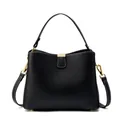 Borsa a mano minimalista in pelle nera con trama a litchi e tracolla rimovibile - Nero