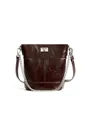 Sac seau en cuir ciré marron foncé avec bandoulière chaîne argentée et fermoir pivotant - Café