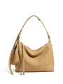 Borsa hobo minimalista in pelle bovina color cammello con trama a grana e nappe - Marrone