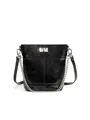 Sac seau minimaliste en cuir ciré noir avec boucle argentée et chaîne décorative - Noir
