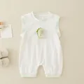 Mouwloze babyromper van wit katoen met groene dinosaurusprint en geribbelde rand - 66 / Wit