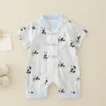 Short sleeve baby romper with light blue panda prints and Chinese frog button design - 66 / Blue