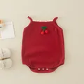 Baby sleeveless cotton bodysuit in retro red ribbed knit with lace and cherry detail - 66 / Red