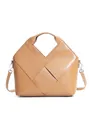 Borsa a mano in pelle color cammello con motivo intrecciato e tracolla rimovibile - Kaki