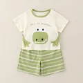 Toddler boys summer cotton set featuring beige dinosaur tee and green striped shorts - Big Mouth Dinosaur Green (2583)
