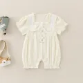Short sleeve baby girl romper in cream yellow with lace collar and flower embroidery - Light Yellow / 66cm