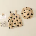 Infant khaki polka dot romper and matching sun hat set in breathable cotton linen - Brown / 66cm