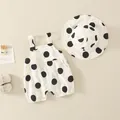 Infant summer cotton romper suit with black polka dots and matching sun hat set - White / 66cm